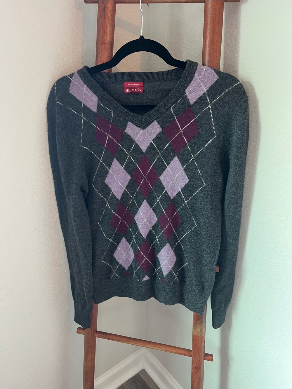 Merona Women's Charcoal V-Neck Argyle Sweater with Purple Accents